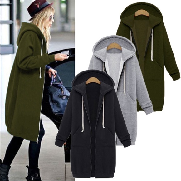 Sweaters - 1 Left!  Olive Green Long Maxi Hoodie ZIP Sweater